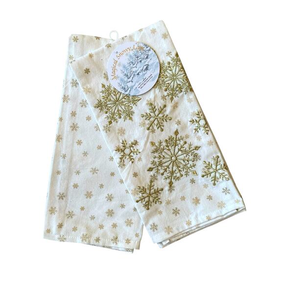 Christmas Snowflake Kitchen Towels 20x28 Embroidered White & Gold Set of 2 NEW - Picture 1 of 6